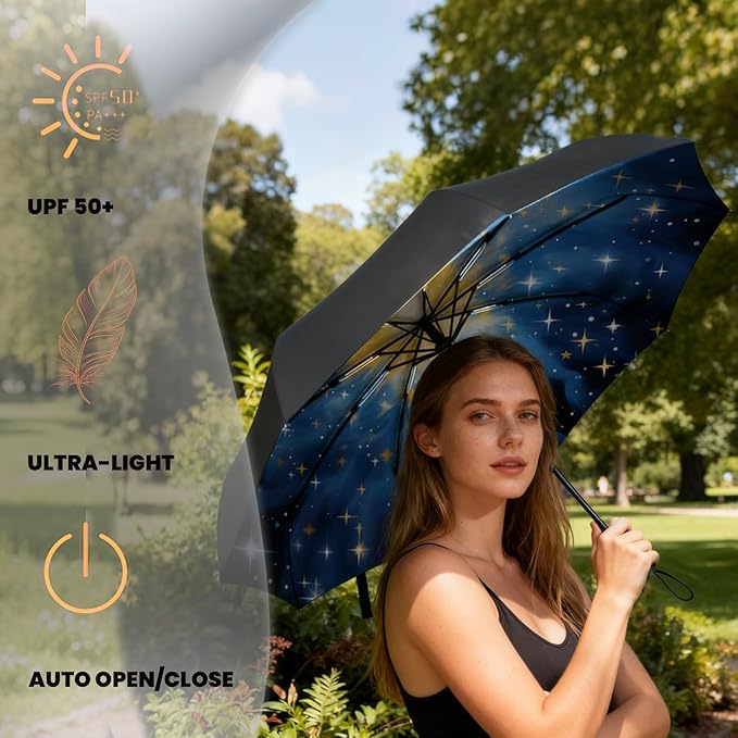 SIEPASA Compact Travel Umbrella - Windproof Auto Open/Close, Lightweight Folding Umbrella wIth Fiberglass Frame & Waterproof Canopy. Fits Backpack/Purse. (Nebulas)