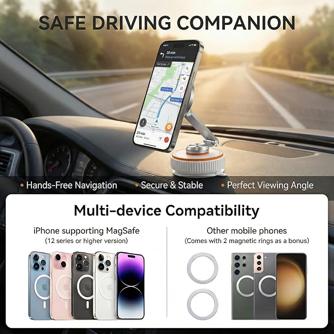 Vacuum Magnetic Car Phone Mount, 120+ LB Vacuum Suction & 3000gf Magnetic Force, 360° Triple-Axis Adjustable Car Holder for iPhone & All Phones, Twist-Lock Suction Cup, Quick-Release – White