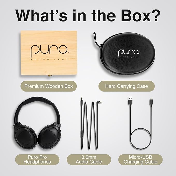 Puro Sound Labs PuroPro Hybrid Active Noise Cancelling Headphones, Volume Limiting, Hi-Res Audio, 32h Playtime, Wireless Over Ear Headphones with Mic, Comfortable Fit, Ideal for Travel & Work – Black