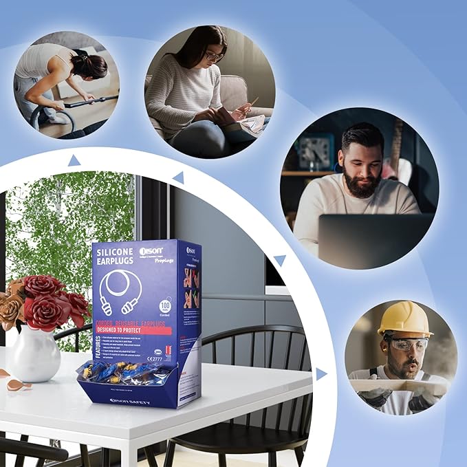 Dison 100Pairs Silicone Ear Plugs, 32dB Corded Reusable Earplugs for Hearing Protection, Noise Reduction for Shooting Range, Work, Travel