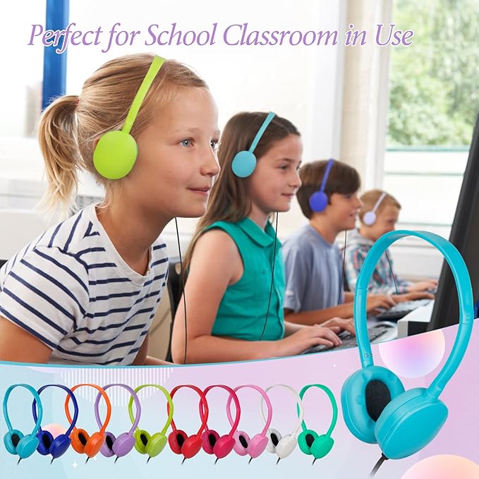 Classroom Kids Headphones Bulk 20 Pack Class Set of Headphones for Students Children Boys Girls Teen Adult,Group Learning, Computer Lab, Library, Online Lesson and Testing (10 Colors)