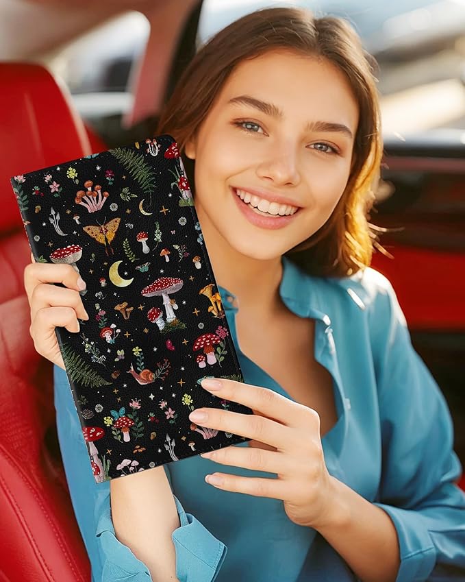 Slohif Car Registration and Insurance Holder - Black Mushroom Vehicle Glove Box Organizer Women with Magnetic Shut Leather Automobile License Holders Coasters Auto Accessories Case for Document