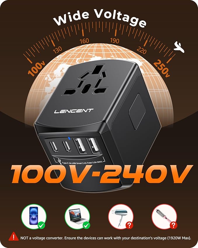 LENCENT Universal Travel Power Adapter, International AC Plug Adaptor with 2 USB C 2 USB A Ports Wall Charger Worldwide Travel Essentials for US to EU UK Ireland Australia (Type C/G/A/I) Black