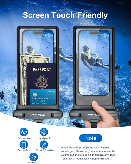 wellhouse Waterproof Phone Pouch, Waterproof Phone Case for iPhone 16 15 14 13 12 Pro Max XS Samsung, IPX8 3D Cellphone Dry Bag Beach Essentials (2 Pack - Black & Green 8.0", 8 inch)