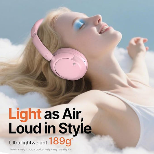 VOKALEN Hyper GO Wireless Over-Ear Noise Cancelling Headphones with Mic, 60H Playtime, Bluetooth Headset, Hi Res Audio, Deep360 Spatial Audio, Ultra-Lightweight for Travel, Work, Study (Pink)