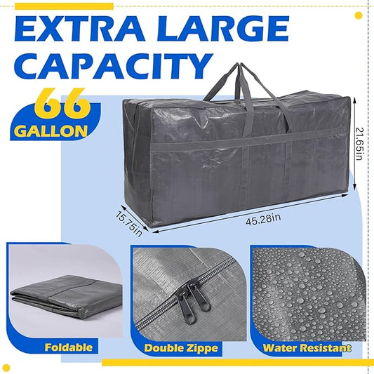 4 Pcs 66 Gallon Large Moving Bags with Zipper and Handles Foldable Storage Duffle Bags Heavy Duty Extra Large Totes for College Dorm Travel Clothes Blankets Bedding Moving (Gray)