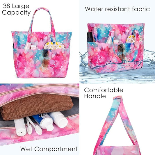 KABAQOO Extra Large Beach Bag Waterproof Sandproof Women Beach Tote with Zipper & Wet Compartment for Pool Gym Grocery Travel