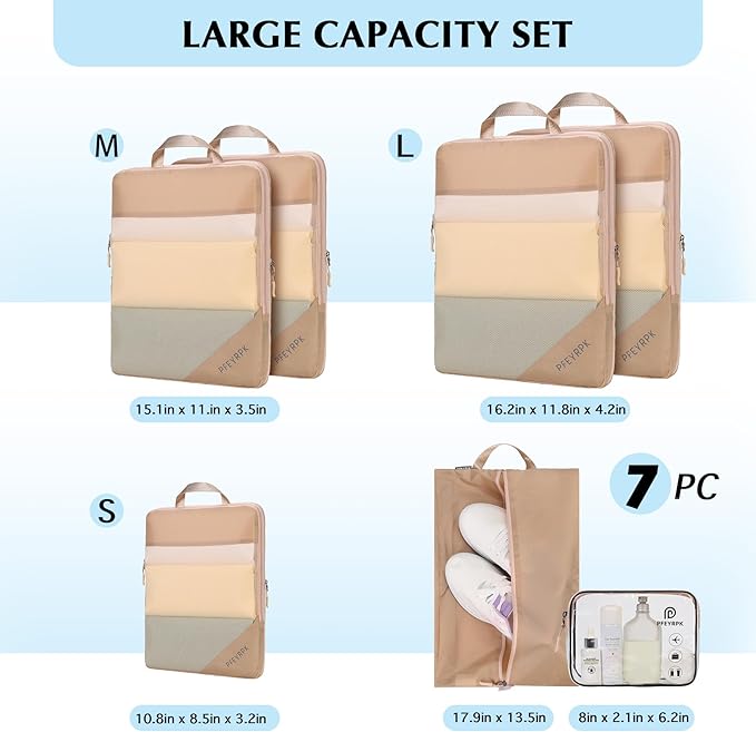 Lightweight Compression Packing Cubes for Suitcases, Compressible Expandable Travel Packing Organizer with Clear Toiletries and Backpack Bag, Travel Essentials for Carry on Luggage 7 Set