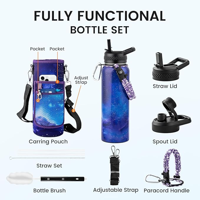 40oz Insulated Water Bottle, Triple Wall Vacuum Stainless Steel Water Bottles - Keeps Cold 48H, Reusable Metal water flask Jug for Gym, Sports, Camping, Hiking,Travel, Aurora-Purple