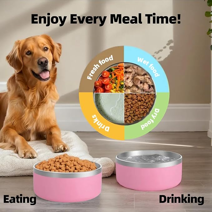 Dog Bowls Medium Sized Dogs-Large Breed 1.9l/64oz Double Layer Stainless Steel Outdoor Dog Water Bowl,Puppy Insulated Food Bowl,with Non-Slip Bottom and 1pc 8oz Food Scoop (Pink, 64 oz)