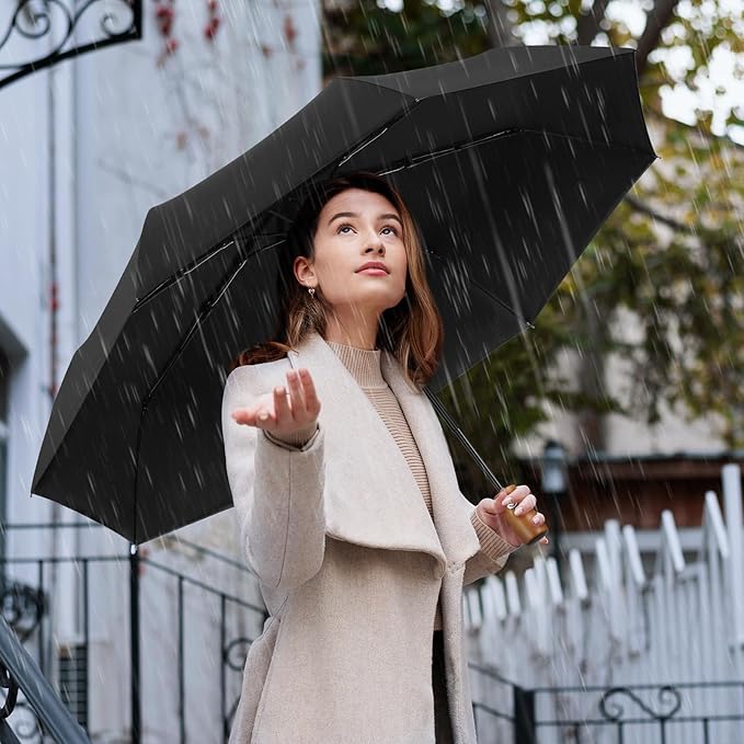 Yoobure Windproof Travel Umbrella with Wood Handle - Automatic Umbrellas for Rain & UV Sun Protection, Compact 46" Large Canopy, Lightweight Backpack Portable for Walking & Outdoor