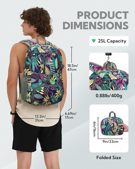 WATERFLY Hiking Packable Daypack Backpack: 25L Ultra Lightweight Day Pack for Woman Man - Small Compact Folding Back Pack for Outdoor Sport Cycling Camping Travel Trip - Print