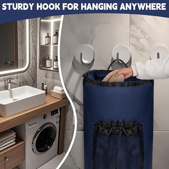 Laundry Bag Backpack with 3 Sizes Mesh Wash Bags and Shoulder Straps Foldable Clothes Hamper Bag with Drawstring Closure for College, Apartment, Laundromat (Dark Blue)