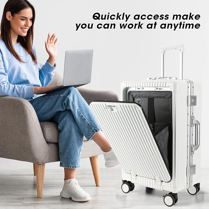 MRPLUM Front Pocket Carry On Luggage,PC Hardside Spinner Wheel Suitcase with TSA Lock,Cup Holder,Phone Holder&USB Charging Port,White(1 Piece)