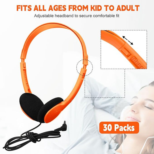 Konohan 30 Pack Headphones Bulk Headphone for School Classroom Student Wired Headphones Adjustable with 3.5 mm Jack for Adults (Orange)