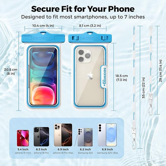 SEAWAG Next Waterproof Phone Case with Lanyard, Floating IPX8 Pouch for iPhone 17 16 Pro Max 15 14 13 12 11 and Samsung Galaxy S25 S24, Beach Cruise Travel Essentials, 1 Pack Blue