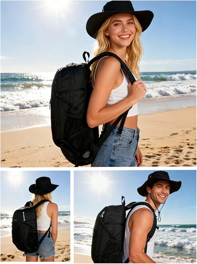 30L Foldable Backpack & Bucket Hat 2 In 1 Combo, Lightweight packable Travel and Fisherman Hat Set, Compact Collapsible Daypack with Sun Hat (Black)