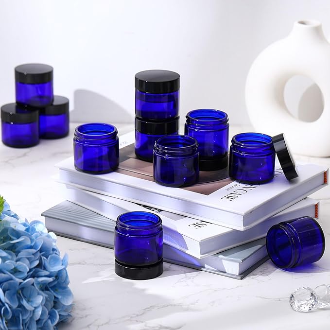 Domensi 32 Pcs 2 oz Glass Jars with Lids Travel Size Round Leakproof Empty Cosmetic Jars with Inner Liners Lid for Storing Makeup Lotions Face Cream Ointments Candle DIY Making (Royal Blue)