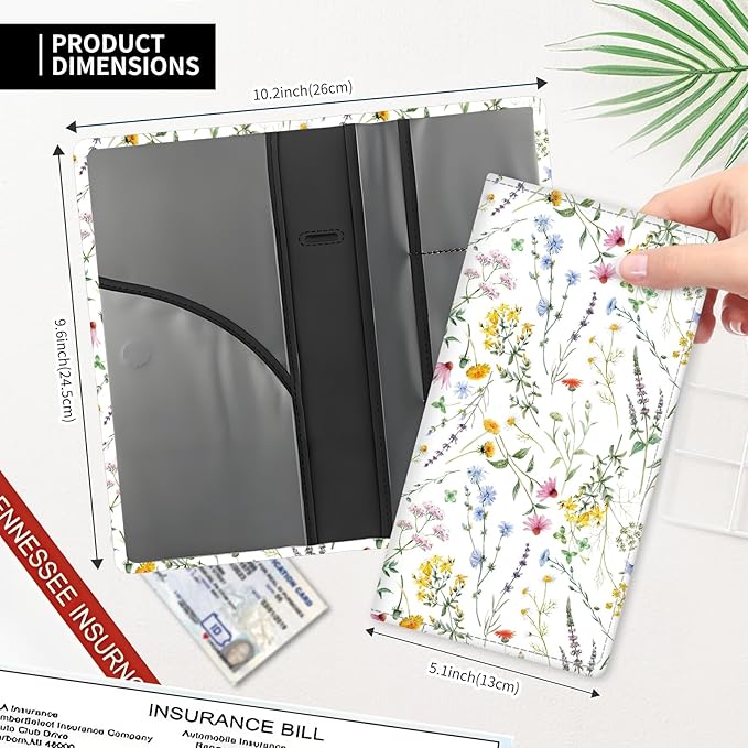 Leather Car Registration and Insurance Card Holder, Cute Car Accessories Vehicle Glove Box Car Organizer for Documents, Cards, License Beautiful White Flowers