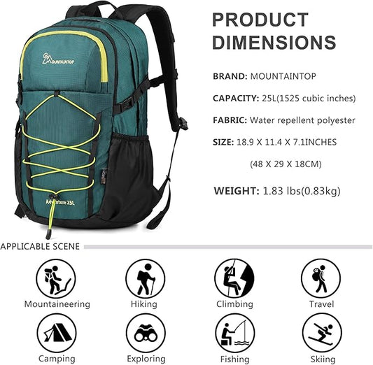 MOUNTAINTOP Hiking Backpack,25L Camping Backpack, Men Women Hiking Daypack Lightweight Travel Backpack for Climbing(Deep Green)
