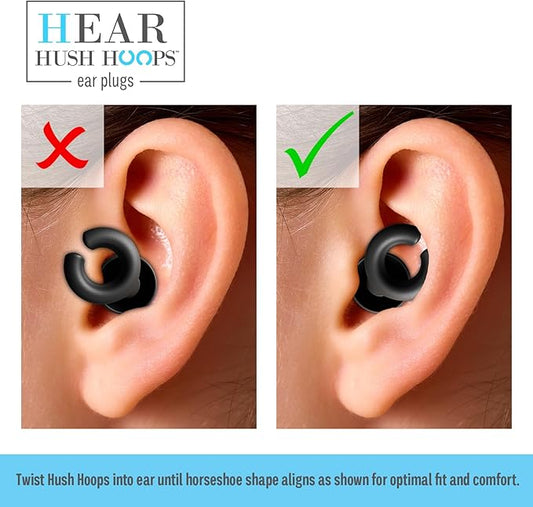 Hush Hoops Ear Plugs, Ultra-Soft Reusable Silicone Plugs with Horseshoe Shape for Comfort, Designed for Sleep and Sound Suppression, 17dB (NRR) Noise Reduction Rating, Black, 1 Pair with Travel Case