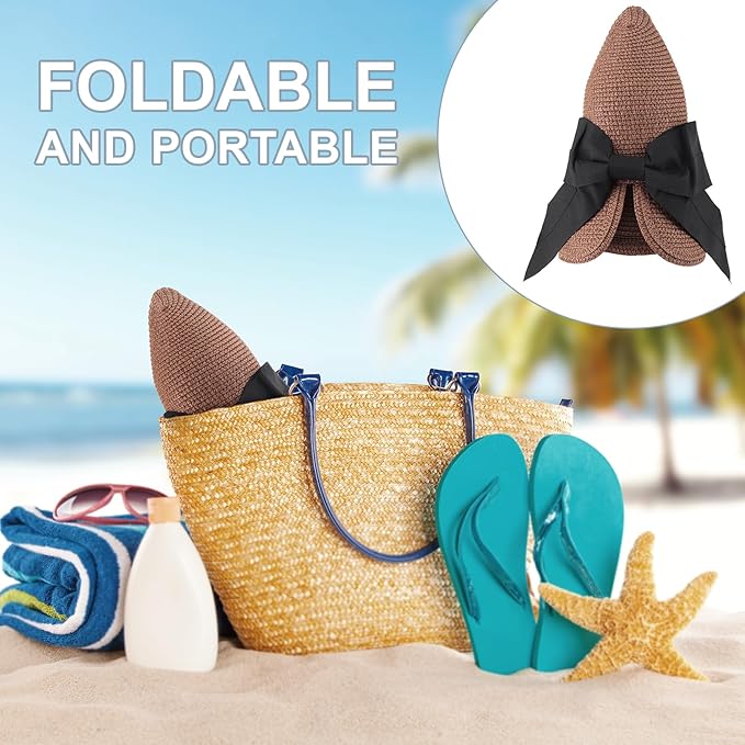 DRESHOW Sun Hats for Women Travel Fedora Foldable Beach Sun Hat Summer Wide Brim Straw Bucket Hat with Bowknot UPF 50+