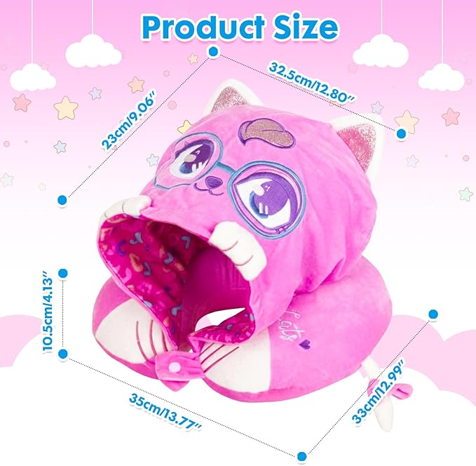 Travel Neck Pillow with Hood for Kids Adult Cute Soft Plush Memory Foam Airplane Neck Pillow for Traveling Animal Flight Pillow Head Rest Neck Support for Cars Long Flights