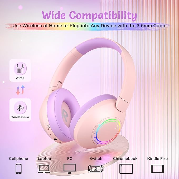 Noise Cancelling Headphones for Kids,Colorful RGB LED Lights, 60H Playtime, Bluetooth 5.4 Wireless Over-Ear Headset Built-in Microphone for Home/School/Party- Includes Portable Case(Pink)