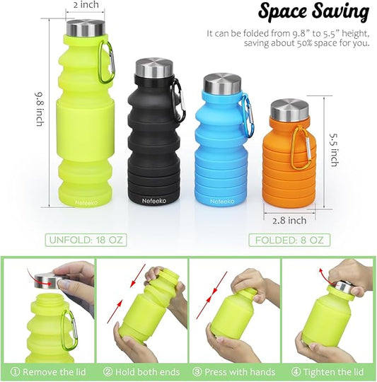 Nefeeko Collapsible Water Bottle, Reuseable BPA Free Silicone Foldable Water Bottles for Travel Gym Camping Hiking, Portable Leak Proof Sports Water Bottle with Carabiner