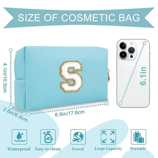 Small Personalized Initial A-Z Preppy Patch Makeup Bag,PU Chenille Letter Travel Cosmetic Pouch with Zipper,Blue Cute Toiletry Bag,Gift Ideal for Teen Girls Women Teacher Bridesmaid,Letter S