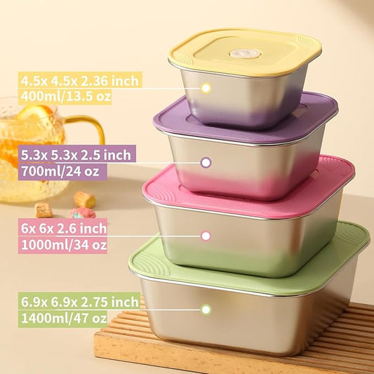 4-Piece Stainless Steel Snack & Lunch Box with Lids Set, Stackable Metal Food Storage Containers with Lids, Airtight Leakproof Lunch Containers , Dishwasher Safe Bento Box(Size 4.5", 5.5", 6.3", 7")