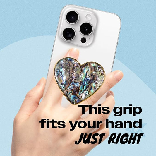 OnTheGrip Cute Natural Seashell Design Heart Shape Collapsible Mobile Phone Grip Stand Holder for Smartphone Tablet Cell Phone Accessory (Black Fresh Water)