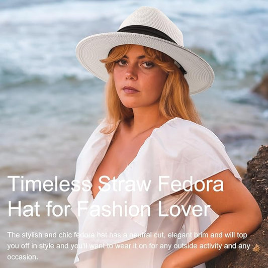DRESHOW Women Straw Panama Hat Travel Fedora Beach Sun Hat Summer Wide Brim Straw Roll up Hat UPF 50+