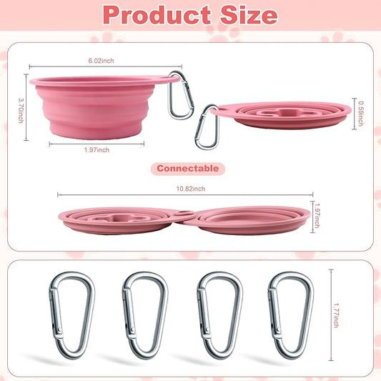 2-Pack Silicone Collapsible Dog Bowls with 4 Carabiners, Food-Grade Portable Pet Travel Bowls for Dogs & Cats, Foldable Water Feeder for Outdoor, Hiking, Camping (Pink)