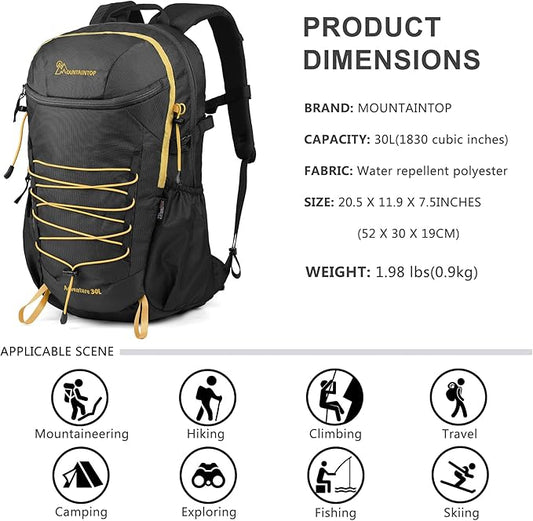 MOUNTAINTOP Hiking Backpack,30L Camping Backpack, Men Women Hiking Daypack Lightweight Travel Backpack for Climbing(Black)