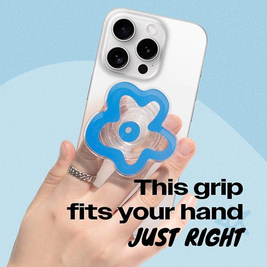 OnTheGrip Cute Transparent Daisy Flower Shape Design Mobile Phone Grip Multi Functional Collapsible Stand Holder for Smartphone Tablet Cell Phone Accessory (Blue)