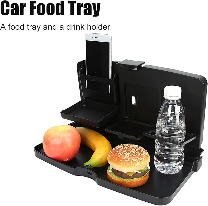 Car Food Tray Multi Functional Portable Folding Car Vehicle Seat Food Meal Snack Tray with Cup Holders and Storage Pocket for Travel Road Trips Plastic Compact Size