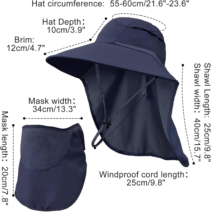 Sun Hats for Men Women Detachable Face Cover Wide Brim Fishing Hats with Neck Flap UPF 50+ Outdoor Safari Hats