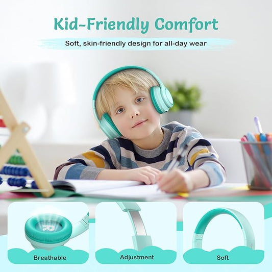 Kids Bluetooth Headphones with Active Noise Cancelling, Wireless Over-Ear Headphones for Boys Girls, Foldable, Adjustable, Safe Volume, 40H Playtime, Mic for School Travel (Mint Green)