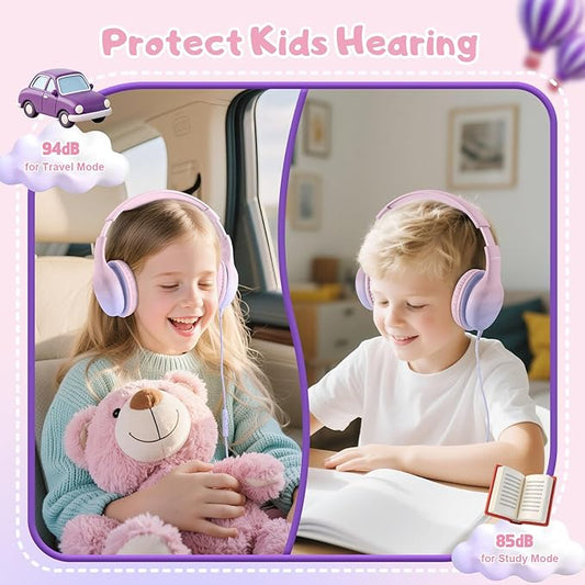USB Type C Kids Headphones, Wired Headphones for Kids with Microphone 85/94dB Volume Limit, Stereo Sound Portable Over Ear Headphones for School/Travel/Tablet/iPad, Gradient Pink
