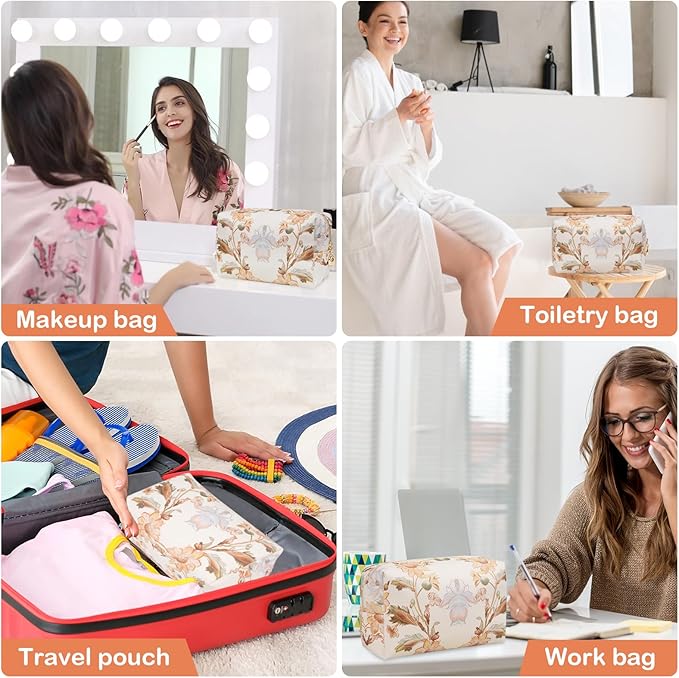 Floral Waterproof Makeup Bag, Leather Cosmetic Bag with Compartments, Zipper Make up Pouch Organizer, Portable Storage Travel Toiletry Bag Gifts for Women Girls(Pink Flower)