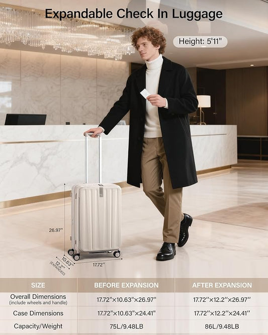 Hanke 24 Inch Expandable Luggage Top Opening Checked Bag Luggage Hard Shell Suitcases with Wheels Lightweight Travel Luggage Medium Suitcase with Lock for Woman Men-Ivory White