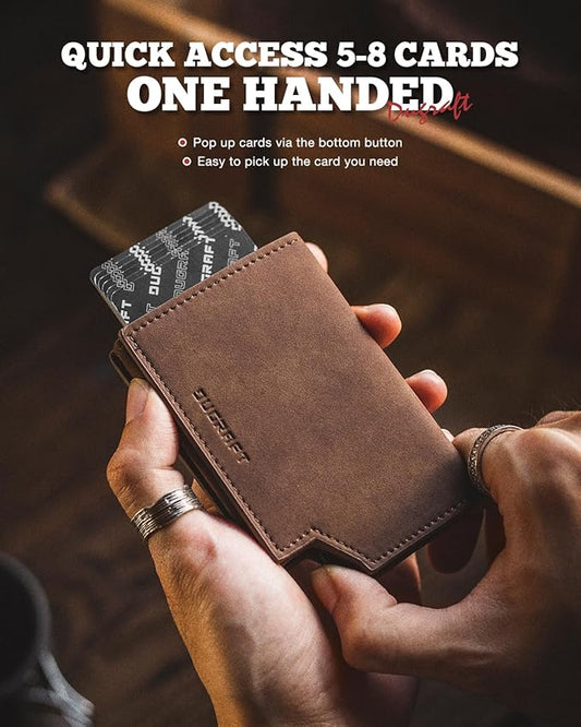 DUGRAFT Bifold Pop Up Wallet for Men, Slim Leather Credit Card Holder with Zipper Minimalist Women Magnetic Cash Coins Pocket Wallets RFID Blocking(Brown)