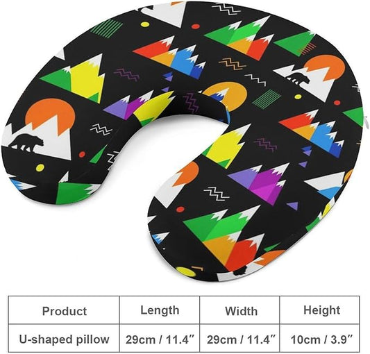Travel Neck Pillow Memory Foam Chin Cushion Colorful Mountain Bear Black, Washable Cover for Men Women Youth Airplane Car Pain Relief