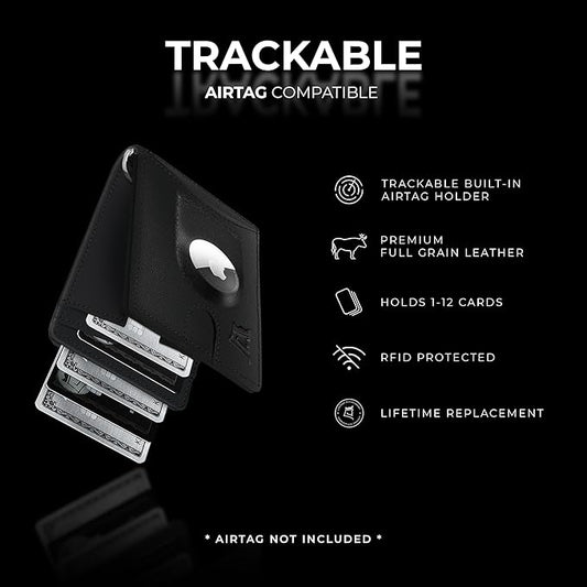 Kings Loot Trackable Airtag Wallet for Men | RFID Blocking Leather Design with Airtag Holder, Money Clip & Pull Tab | Minimalist Air Tag Wallets