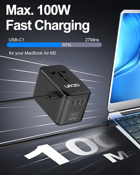 Universal Travel Adapter 100W GaN Fast Charger in One, 4 USB C 1 USB A Ports & 2500W AC Outlet, International Power Plug Adapter with EU UK US AUS Plugs for 200+ Countries