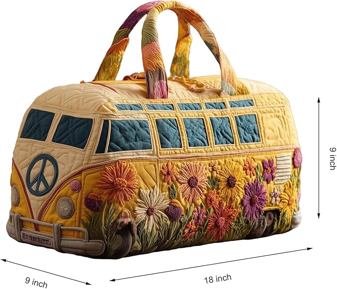 Hippie Journey Quilted Duffel Bag Hippie Van Travel Duffel Bag Vintage Floral Weekender Overnight Bags Women Gym Bags