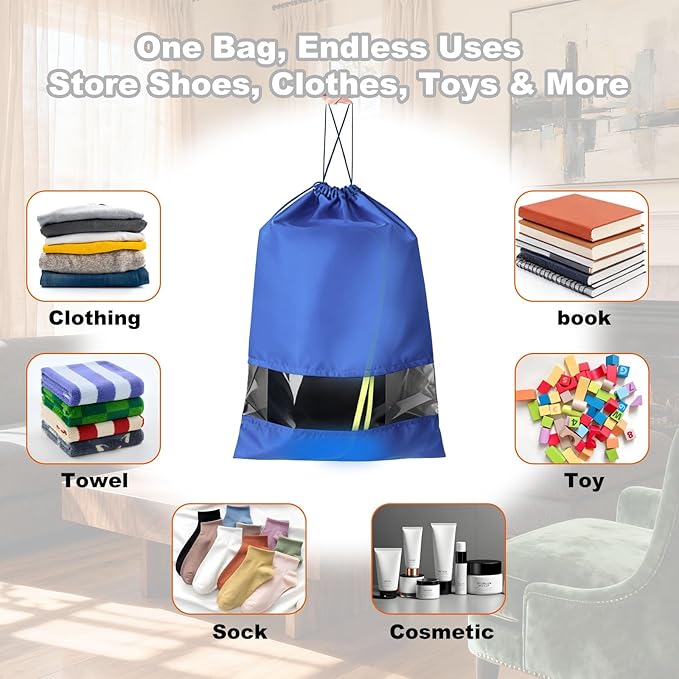 20 Pack Shoe Bags for Travel, 17" x 12.6" Drawstring Shoe Organizers with Clear Window, Breathable Non-Woven Dustproof Pouches for Luggage & Closet (Blue)