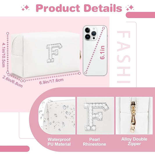 Bride Gifts โ Personalized Initial Makeup Bag with Pearl Rhinestone Patch, Preppy White Monogram Cosmetic/Toiletry Pouch, bridesmaid Gifts, Bridal Shower Gifts, Wedding Gifts, Bridal Gifts,F