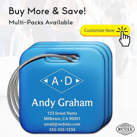 Personalized Luggage Tags for Suitcases - Stainless Steel Custom Luggage Tags for Backpacks & Bags, Sturdy, Waterproof & Heavy Duty (Blue/Square)